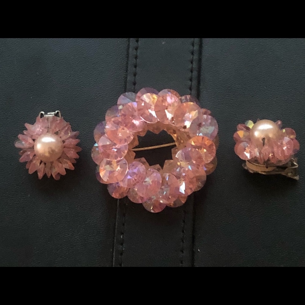 Antique Pink Jewelry Set Earrings and Brooch